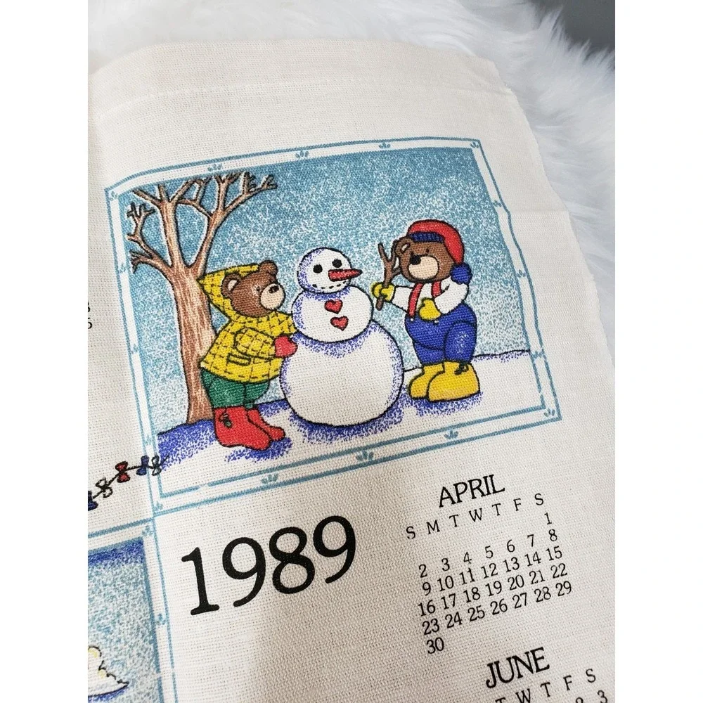Vintage Retro 1989 Calender Tea Towel BEARS christmas four seasons cottagecore